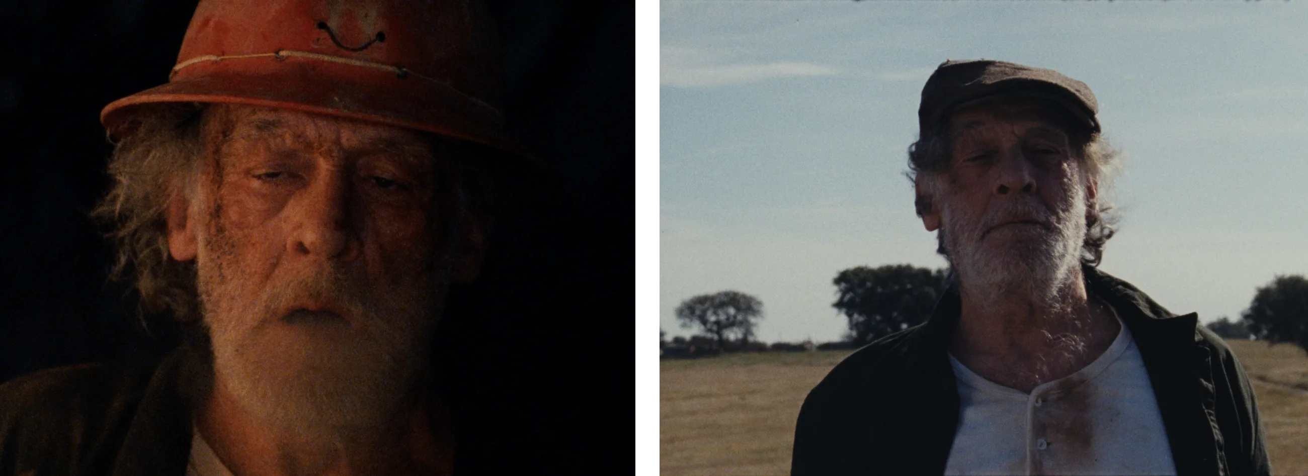 Dois stills de Leopoldo: com o capacete de mineiro e ao ar livre, de boné