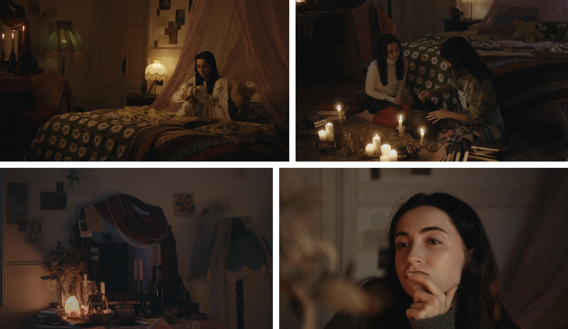 Quatro stills do quarto: Odete na cama com dossel, o ritual de velas no chão, a penteadeira e um plano próximo