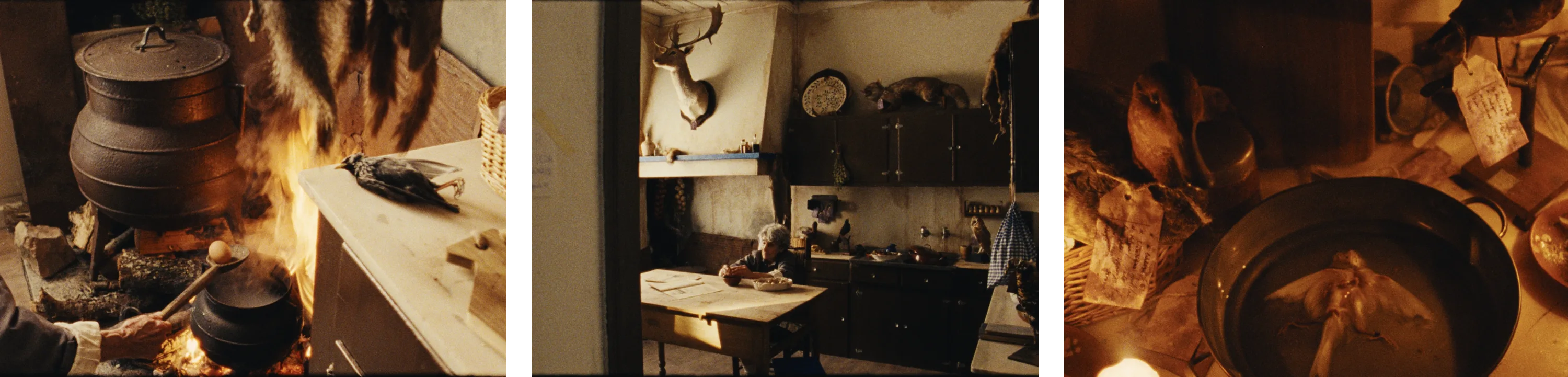 Três stills do filme: uma mulher a cozinhar ao lume, a cozinha da casa e um tacho com um pássaro embalsamado e etiquetas