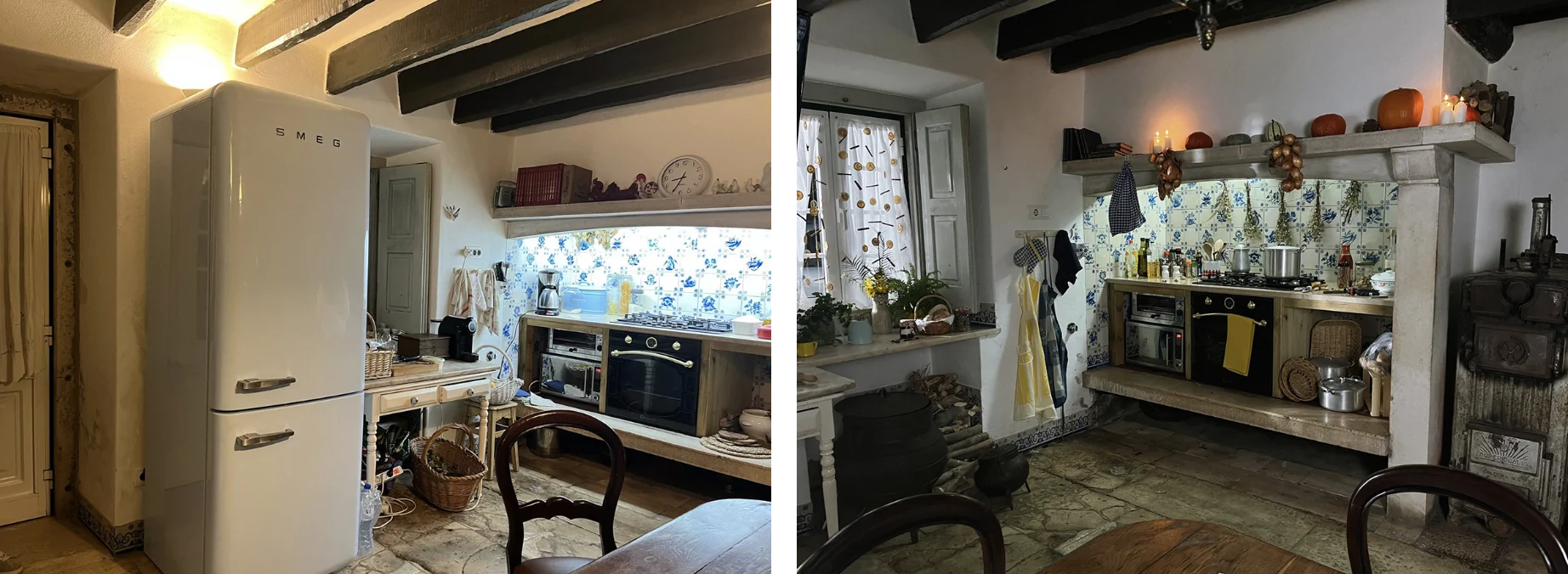 A cozinha: fotografia do espaço com o frigorífico e o resultado no filme