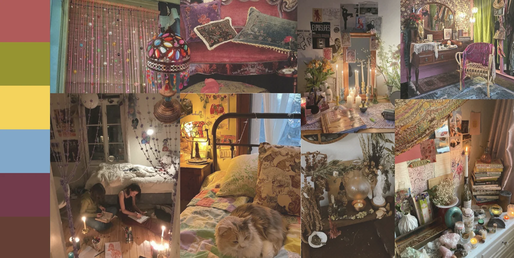 Moodboard do quarto: paleta de cor e referências de quartos acolhedores com velas, tecidos e objetos antigos