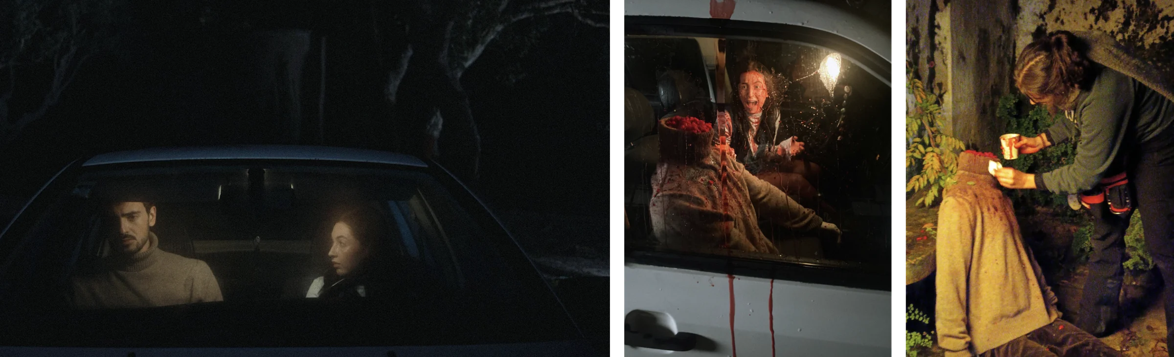 Três imagens: dois no carro à noite, uma mulher ensanguentada à janela do carro e a equipa a preparar um boneco com bagas nos bastidores