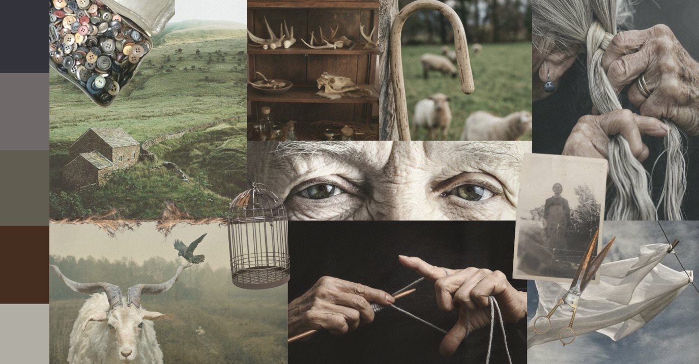 Moodboard do figurino de Isaltina: botões, paisagens, mãos a tricotar, tesoura e retratos antigos