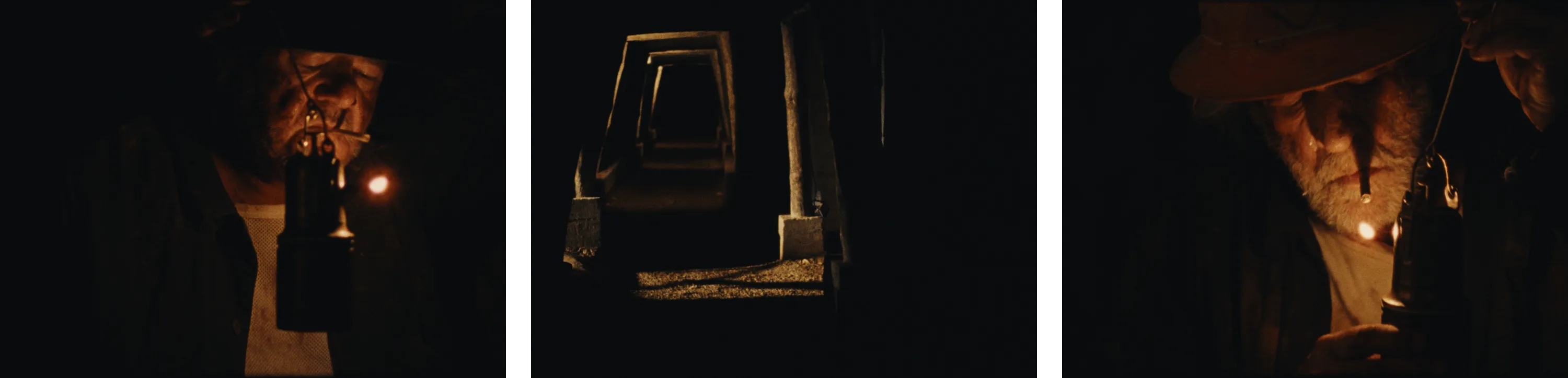 Três stills da mina: um homem com a lâmpada de carbureto e a galeria do túnel