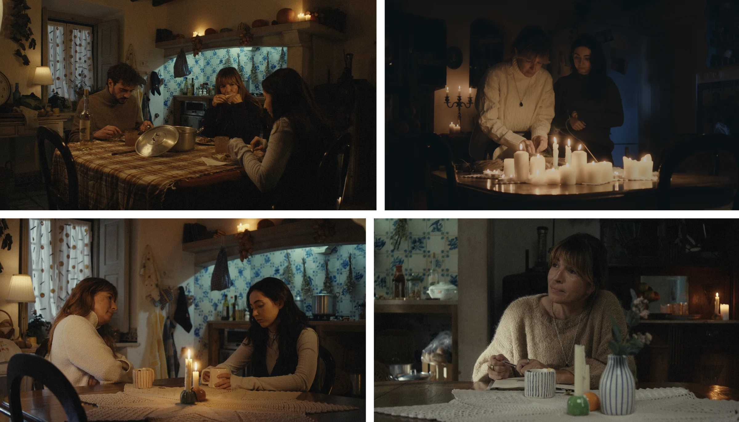 Quatro stills da cozinha: a mesa posta, as velas acesas, a conversa à mesa e um plano da mulher mais velha