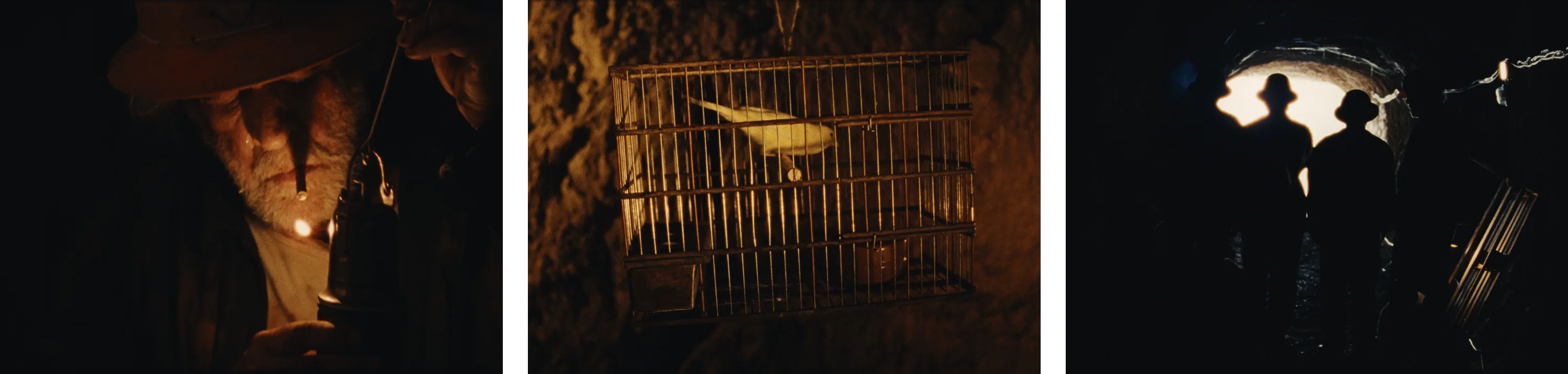 Três stills da mina: um homem a acender a lâmpada, a gaiola com o canário e duas silhuetas à saída do túnel