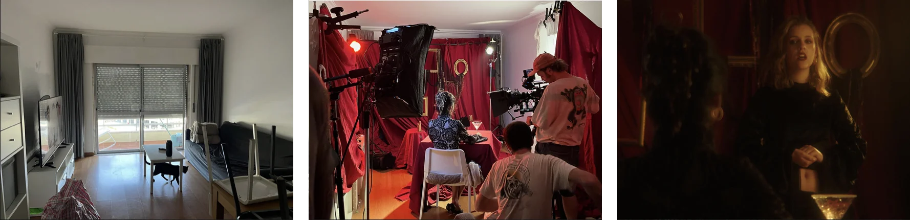 Antes e depois: a sala vazia, as filmagens com o set de cortinas vermelhas e o resultado no filme