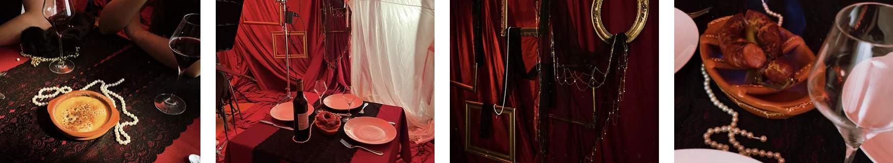 Quatro detalhes de cenografia: uma mesa com pérolas e creme queimado, o set com mesa posta e cortinas, molduras douradas e pérolas nas cortinas, e uma travessa com chouriço e um copo