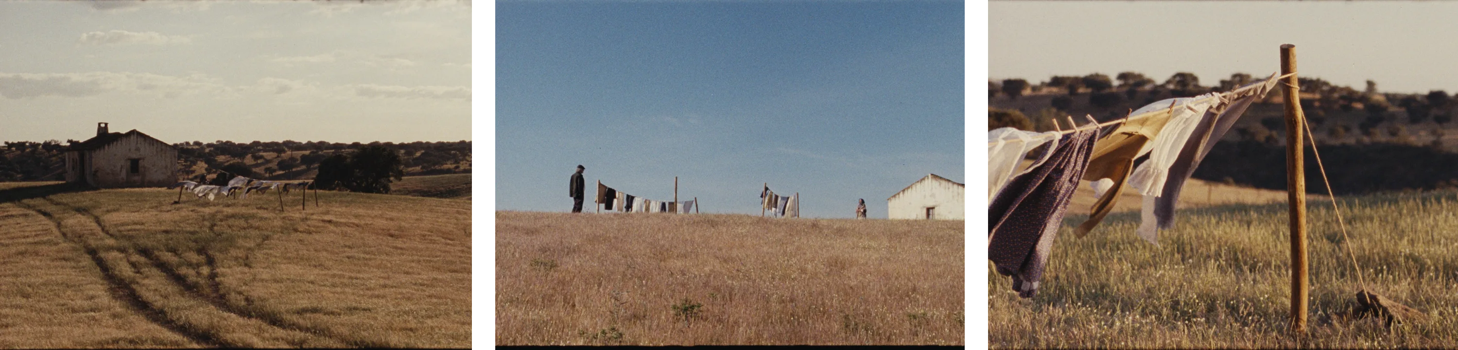 Três stills dos estendais no campo, com a casa ao fundo