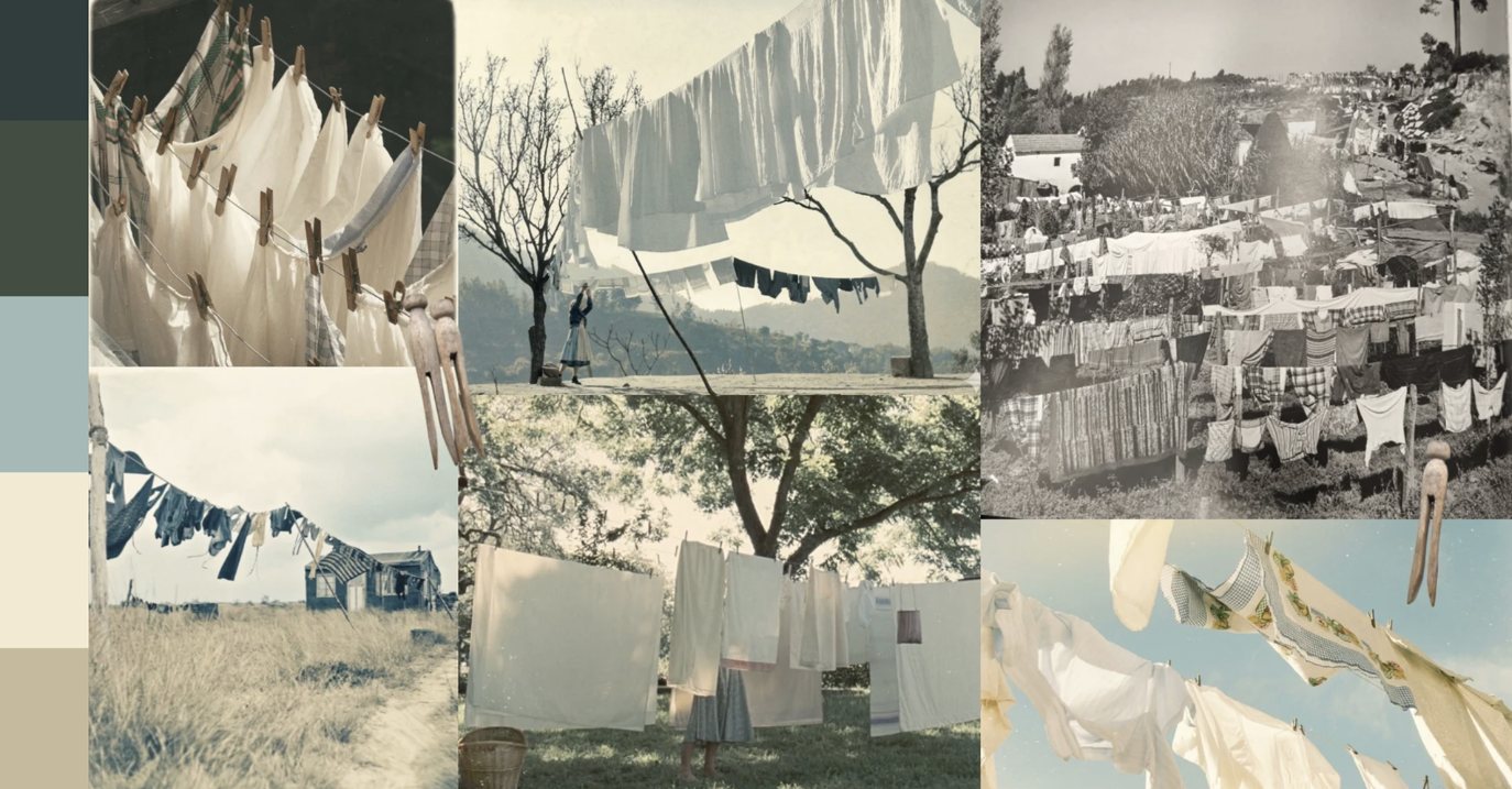 Moodboard de roupa estendida: fotografias antigas, tecidos brancos e uma paleta de azuis e cremes