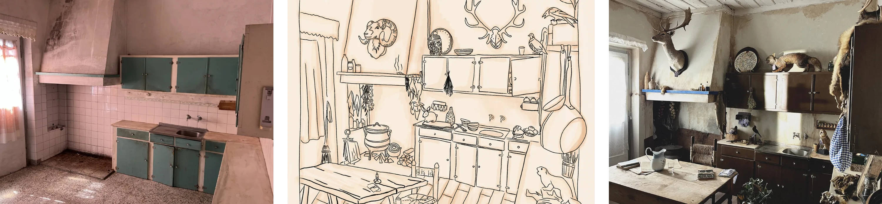 A cozinha da casa: fotografia do espaço antes, desenho da proposta e o resultado no filme