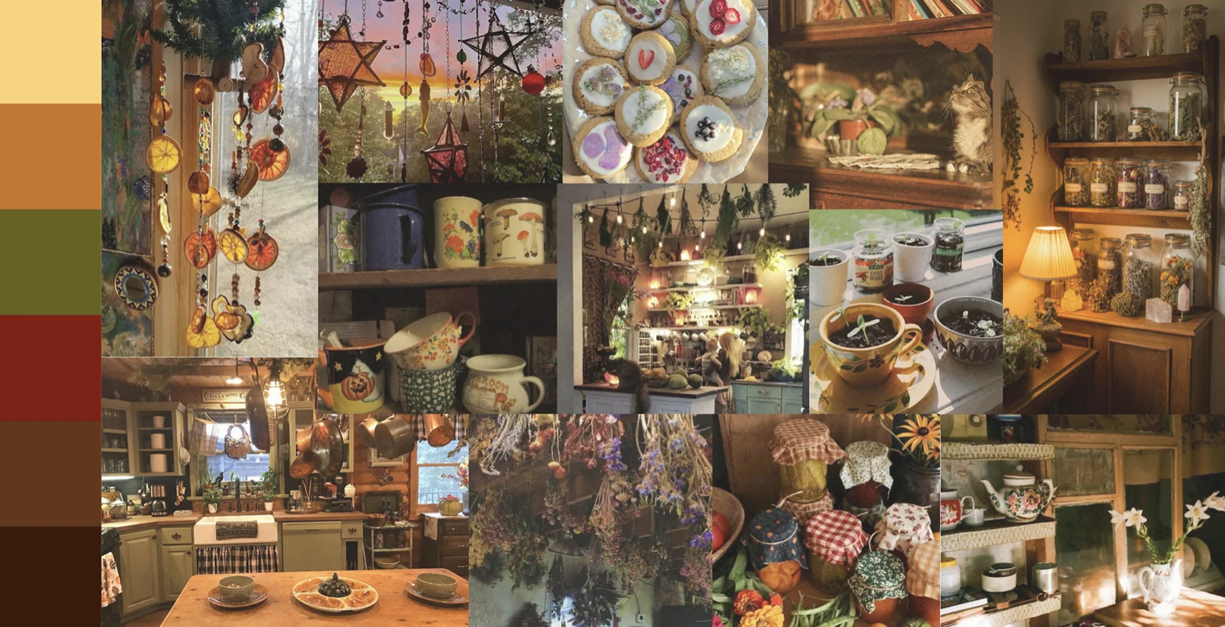 Moodboard da cozinha: paleta de cor e referências de ervas, frascos, loiça e cozinhas rústicas
