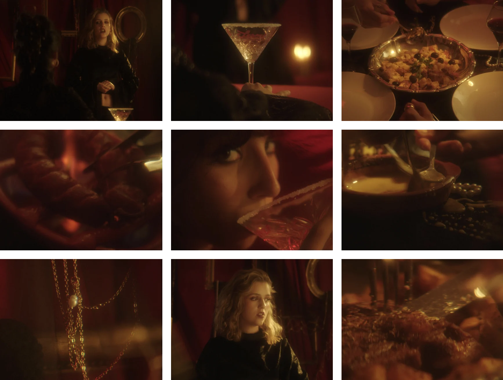 Nove stills do fashion film: uma mulher de cabelo loiro junto a cortinas vermelhas, um martini, uma travessa à mesa, uma salsicha ao lume, um rosto a beber de um copo com açúcar, uma tigela com pérolas, correntes douradas, um retrato e um tecido dourado